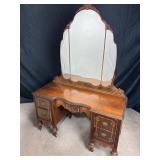 Wood Mirrored Vanity with 4 Drawers, stool