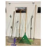3 rakes, shovel, paint roller, swiffer