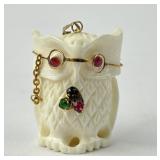 Hand carved owl pendant with 14k gold mounts &