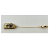 Fossilized scrimshaw stick pin ship
