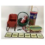 Decorative Sleighs, Coasters, Green Basket, Tins