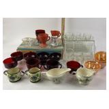 (3) Iridescent fire king mugs, Ruby red glasses,