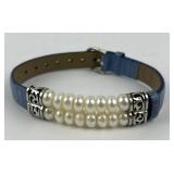 Sterling, freshwater pearl & leather bracelet