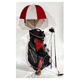 Golf bag, Nike, Cleveland clubs, umbrella