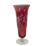 Cranberry Glass Vase with Etched Floral Design