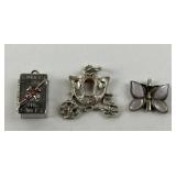 (3) sterling charms - carriage, candy box,