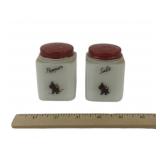 Tipp City Milk Glass Salt, Pepper Shakers With Red