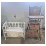 Wood High Chair & Wood Doll Cradle With Crib
