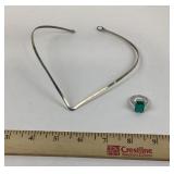 Sterling Silver Chocker Necklace, Green Stone Ring