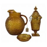 Amber Glass Pitcher, Compote, Ashtray