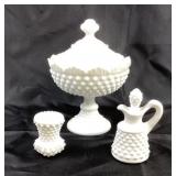 Fenton White Milk Glass Hobnail Compote, Cruet, To
