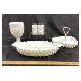 Milk Glass Hobnail Dishes, Salt Shakers