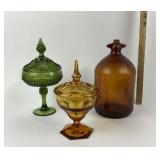 Amber Hi Alex Glass Jug, Green and Amber Lidded Pe