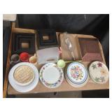 Hammered Copper Tone Tray, Corningware Plates, Pie