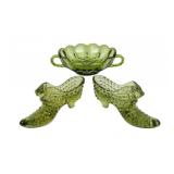 Green Fenton Hobnail Glass Slippers, Dish