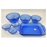 Cobalt Blue Anchor Hocking Mixing Bowls, Cake Pan