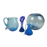 Blue Artglass Bowl, Crackle Glass Pitcher, Bud Vas