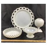 Milk Glass Round Tray, Bowl, Vase, Compote