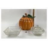 Ceramic Pumpkin Tureen With Ladle, Glass Bowls