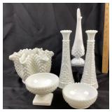 Milk Glass Vases, Compotes, Ruffled Bowl