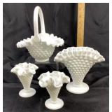 Fenton Milk Glass Hobnail Vases And Basket