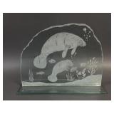 Manatees Etched Glass Art Mounted Heavy 15' H 19'L