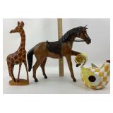 Leather Horse, Wooden Giraffe, Chicken Birdhouse