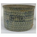Stoneware Butter Crock With Blue Design