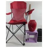Red Folding Chair, Red Vase, Purple Shelves