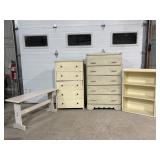 2 chest of drawers, shelf, bench