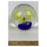 Art Glass Paperweight With Yellow Flower Design