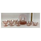 Pink Depression Glass Plates, Cups, Footed Dishes