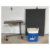 Rolling table, bulletin board, cooler