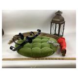 Green Cushion, Metal Lantern, Brass Rods