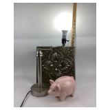 Metal Lamp, Embossed Tin Panel, Ceramic Piggy Bank