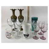 Wine Glasses, Brass and Glass Vases