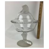 EAPG Covered Compote Dish With Frosted Lion Design