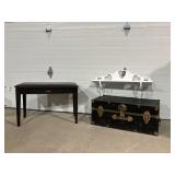 Foot locker, shelf, Yamaha piano bench. Latch is