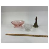 Pink Glass Bowl, Clear Glass Bowl, Brass Bell