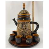 Hand Carved And Painted Wooden Tea Pot Set