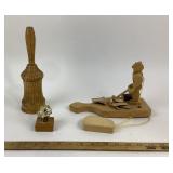 Wooden Bell, Carved Lumberjack Figure, Antler Scri