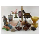 Amber Glass and Ceramic Figurines, Avon Bottles