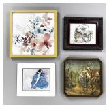 4 Framed art pieces, Embroidered, watercolor