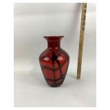 Red Art Glass Vase With Black Swirl Pattern