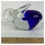 Art Glass Rabbit Figurine With Cobalt Blue Accents