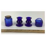Cobalt Blue Glass Jar, Candlesticks, Basket