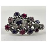 Purple and Pink Rhinestone silver tone leaf brooch