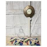 Abstract runner rug, wall clock, cat basket holder
