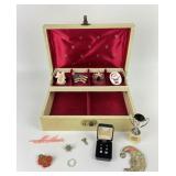 Vintage Jewelry Box with Key, Earrings, brooches,