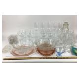 Glassware With Pink Depression Plates, Bowls, Wine